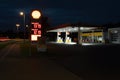 Fensmark, Denmark, July 15th 2023 - Shell gas station at night with blurred moving carlight and price pylon