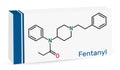 Fentanyl, fentanil, C22H28N2O molecule. It is opioid analgesic. Skeletal chemical formula. Paper packaging for drugs