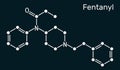 Fentanyl, fentanil, C22H28N2O molecule. It is opioid analgesic. Structural chemical formula on the dark blue background