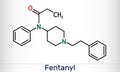 Fentanyl, fentanil, C22H28N2O molecule. It is opioid analgesic. Structural chemical formula