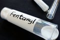 Fentanyl written on a bottle with label. Royalty Free Stock Photo