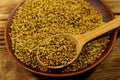 Fenugreek seeds in ceramic plate on wooden table Royalty Free Stock Photo