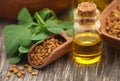 Fenugreek seeds with oil in bottle Royalty Free Stock Photo