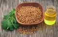 Fenugreek seeds with oil in bottle Royalty Free Stock Photo