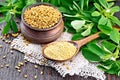 Fenugreek in spoon and bowl with green leaves on wooden board Royalty Free Stock Photo