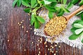 Fenugreek in spoon with leaves on board top Royalty Free Stock Photo