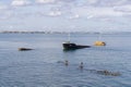 Feodosia, Crimea - September 26, 2019: View of Greek bulk carrier ship that was thrown by storm in shallow water