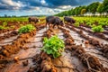 Feral Hogs Devastate Farmland Closeup Look at the Devastating Impacts of Rooting on Crops and Soil Royalty Free Stock Photo
