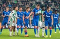 Ferencvaros and Crvena Zvezda players during a free kick in UEFA Europa League match Ferencvaros vs Crvena Zvezda (2-1