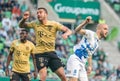 Ferencvaros defender Samy Mmaee and Zalaegerszeg midfielder Matyas Tajti in a header during Hungarian OTP Bank Liga Gameweek 31 Royalty Free Stock Photo