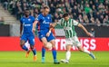 Ferencvaros midfielder Amer Gojak and Crvena Zvezda players Sekou Sanogo and Milan Rodic during UEFA Europa League match