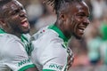 Ferencvaros players Anderson Esiti and Fortune Bassey celebrating the latterÃ¢â¬â¢s goal in UEFA Champions League qualification match