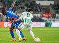 Ferencvaros striker Ryan Mmaee and Crvena Zvezda midfielder Sekou Sanogo during UEFA Europa League match Ferencvaros vs Crvena