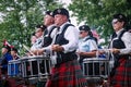 Fergus, Ontario, Canada - 08 11 2018: Drummers of the Pipes and Drums band paricipating in the Pipe Band contest