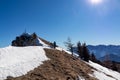 Ferlacher Horn - Woman on panoramic hiking trail on way to snow covered mountain peak Ferlacher Horn