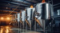 Fermentation mash vats or boiler tanks in a brewery factory create the heart of the brewing process