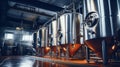 Fermentation mash vats or boiler tanks in a brewery factory create the heart of the brewing process