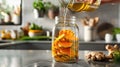 Fermentation process with pumpkin and ginger, turmeric root slices in a modern kitchen setting Royalty Free Stock Photo