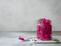 Fermented cabbage with beets in a jar. horizontal image