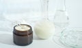 fermented cosmetic in a laboratory. enzymatic fermentation process, skin regeneration with amino acids, petri dishes