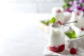 Fermented drink kefir, yogurt in a glass jar on a light background. Probiotic cold fermented dairy drink Royalty Free Stock Photo