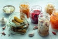 Fermented food. Homemade vegetable preserves. Sauerkraut, pickles etc Royalty Free Stock Photo