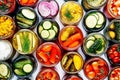 Fermented food overhead flat lay shot. Homemade vegetable preserves. Sauerkraut, pickles, kimchi etc in glass jars.