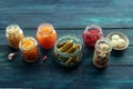 Fermented food variety. Homemade vegetable preserves. Sauerkraut etc Royalty Free Stock Photo