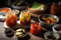 fermented foods feast, with bowls of tangy kimchi and jars of zesty pickles