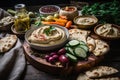 fermented foods making plate with hummus, pickles, and flatbread