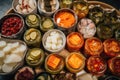 fermented foods market, with colorful array of pickles, kimchi, and cheese