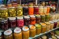 fermented foods market, with variety of pickled and fermented goods for sale