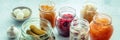 Fermented foods panorama. Homemade vegetable preserves. Sauerkraut etc Royalty Free Stock Photo