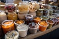 fermented foods stall with variety of ingredients and flavors