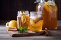 Fermented kombucha tea in jars, rustic style. Generative ai Royalty Free Stock Photo