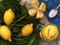 Fermented lemons in jars with salt, bay leaf and coriander. Probiotics, fermented foods. Moroccan salted lemons. Fresh, healthy