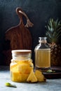 Fermented mexican pineapple Tepache. Homemade raw kombucha tea with pineapple. Healthy natural probiotic flavored drink