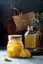 Fermented mexican pineapple Tepache. Homemade raw kombucha tea with pineapple. Healthy natural probiotic flavored drink