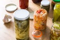 Fermented preserved vegetables in jar on wood Royalty Free Stock Photo