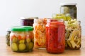 Fermented preserved vegetables in jar on wood Royalty Free Stock Photo