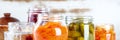 Fermented, probiotic foods panorama. Canned vegetables panoramic header Royalty Free Stock Photo