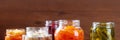 Fermented, probiotic foods panorama. Canned vegetables. Pickled carrot etc Royalty Free Stock Photo