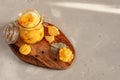 Fermented yellow squash vegetable in a glass jar. The concept of canned food. Garlic in the foreground Royalty Free Stock Photo