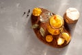 Fermented yellow squash vegetable in a glass jar. The concept of canned food. Garlic in the foreground Royalty Free Stock Photo