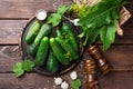 Fermenting cucumbers, cooking recipe salted or marinated pickles with garlic and dill with ingredients on kitchen