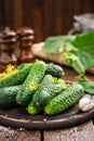 Fermenting cucumbers, cooking recipe salted or marinated pickles with garlic and dill with ingredients on kitchen