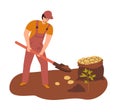 Fermer digs potatoes. Man harvests. Flat vector illustration.