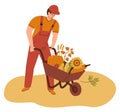 Fermer pushing wheelbarrow with autumn harvest. Farm worker going with garden cart with organic local vegetable.