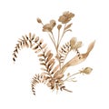 Fern branch, dry flowers monochrome arrangement in watercolor sienna color. Abstract herbs in neutral color isolated