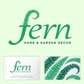 Fern icon. Green letters and fern leaf. Business card. Garden goods and home decor.